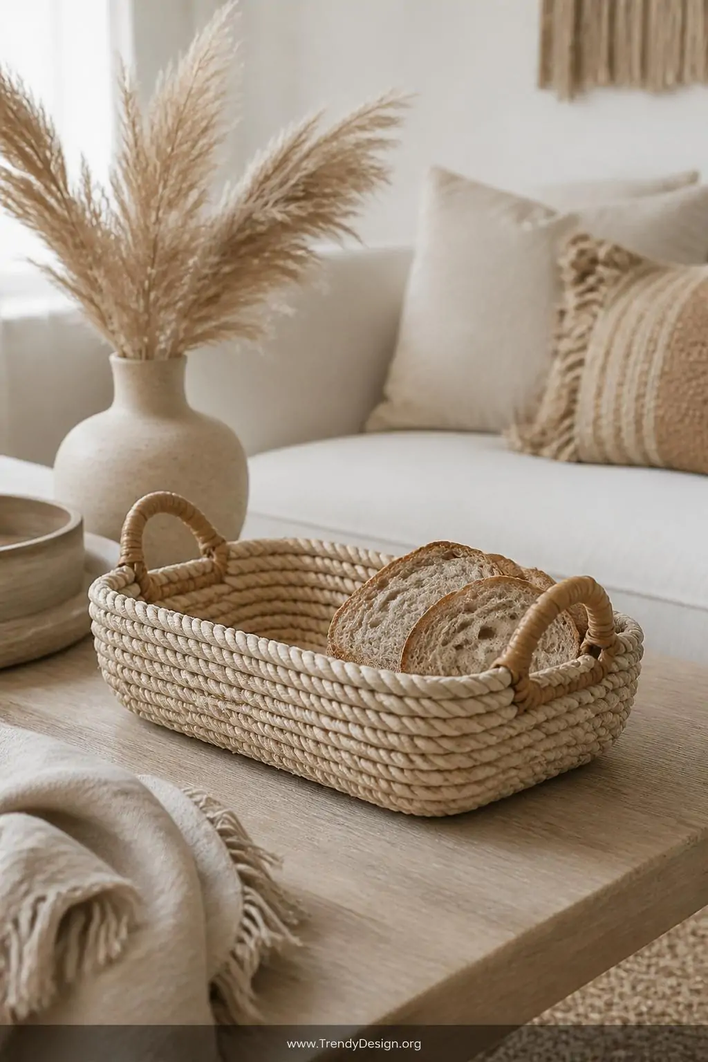 Chunky rope-woven plastic bread tray basket in natural cream and tan tones resting on a whitewashed oak coffee table in a boho living room, styled beside a linen throw and dried pampas grass, soft diffused window light, closeup shot.