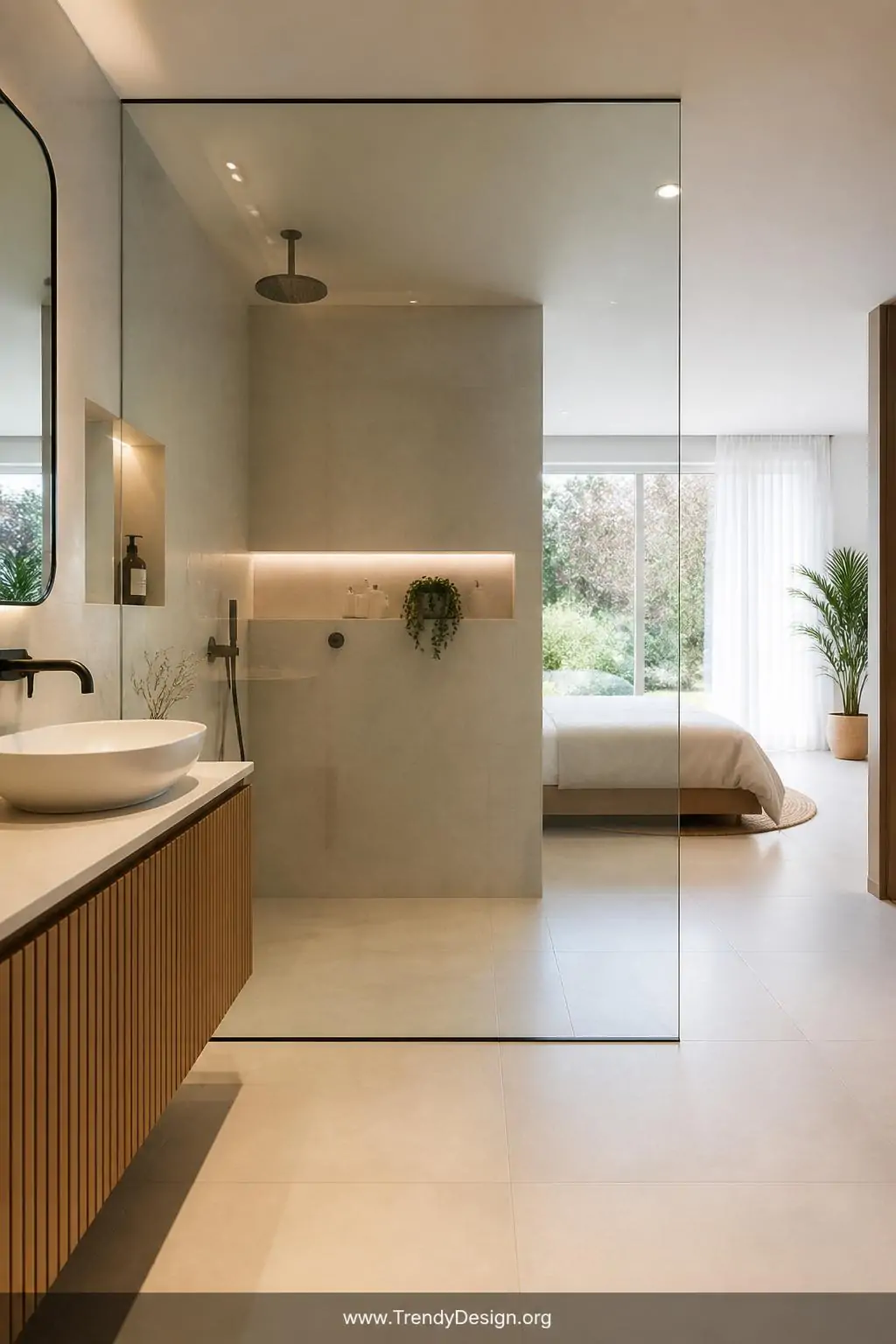 Single floor-to-ceiling frameless glass partition dividing an open-plan master bathroom, contemporary minimalist style, continuous large-format ivory porcelain tile flowing from the bedroom-facing side straight through the shower zone, a ceiling-mounted rain showerhead visible beyond the glass, medium shot taken from the vanity side showing light traveling unobstructed through the transparent panel.