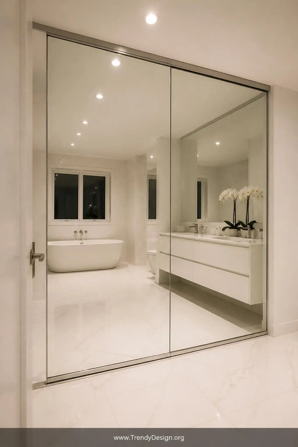 Floor-to-ceiling frameless mirrored sliding door reflecting a small white bathroom doubling its visual depth, wide shot, soft warm recessed ceiling lights multiplied in the reflection, sleek minimal silver track at top and bottom, polished white large format tiles, luxurious spa-like atmosphere, photorealistic interior design.