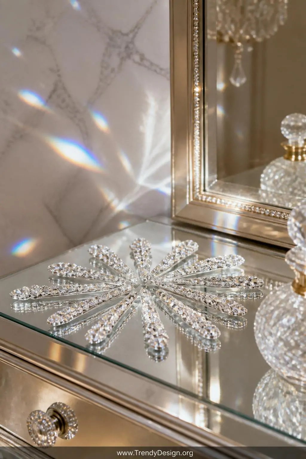 Crystal rhinestone beaded bobby pin cluster arranged in a starburst pattern on a mirrored vanity surface, catching and scattering prismatic light across a white marble backdrop, glamorous bridal dressing room, closeup shot.