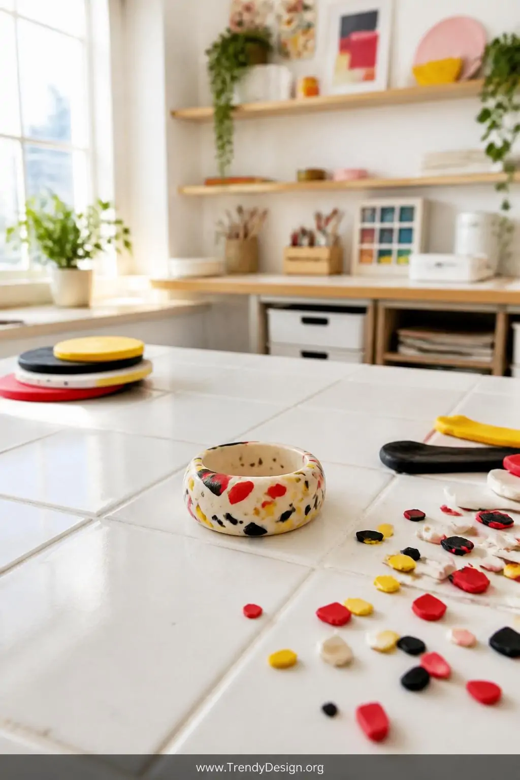 Terrazzo-inspired polymer clay ring with cream base and vivid red, yellow, and black clay flecks displayed on a white tile surface beside scattered colorful clay scraps, bright craft room, playful modern style, wide shot with even natural daylight flooding the workspace
