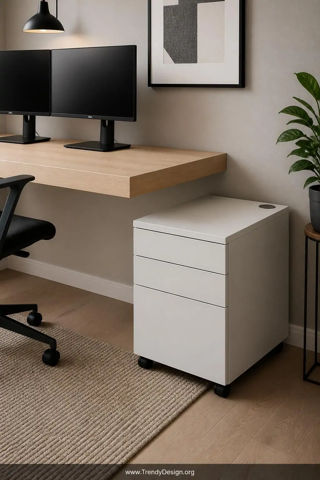 Matte white rolling pedestal drawer unit with a built-in cable grommet top parked beside a floating desk holding two monitors, home office, clean Scandinavian, soft diffused overhead light illuminating the completely bare desk surface above neatly organized closed drawers, medium shot.
