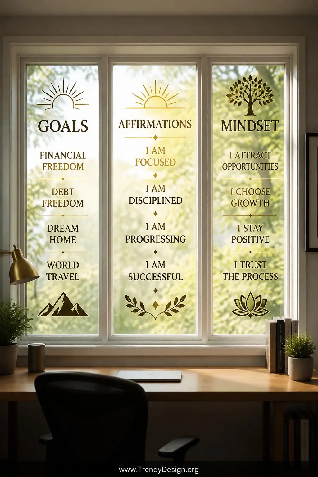 Home office window with transparent goal and affirmation decal stickers applied to glass, natural daylight streaming through and illuminating the printed text and imagery in a glowing luminous effect, clean white window frame and a simple desk silhouetted below, medium shot capturing the architectural and glowing visual impact, photorealistic interior design.