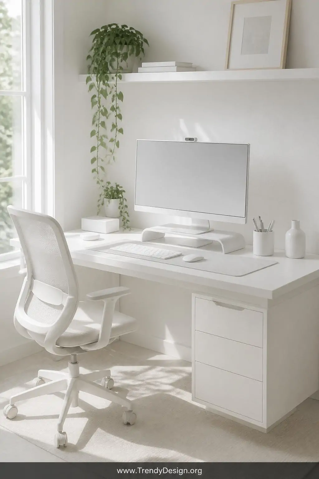 All-white monochromatic desk setup with a white linen desk mat, matte white monitor stand, white ceramic pen holder, and white walls bathed in streaming natural daylight, a single light wood frame and one trailing plant as the only contrast, wide shot, photorealistic interior design.