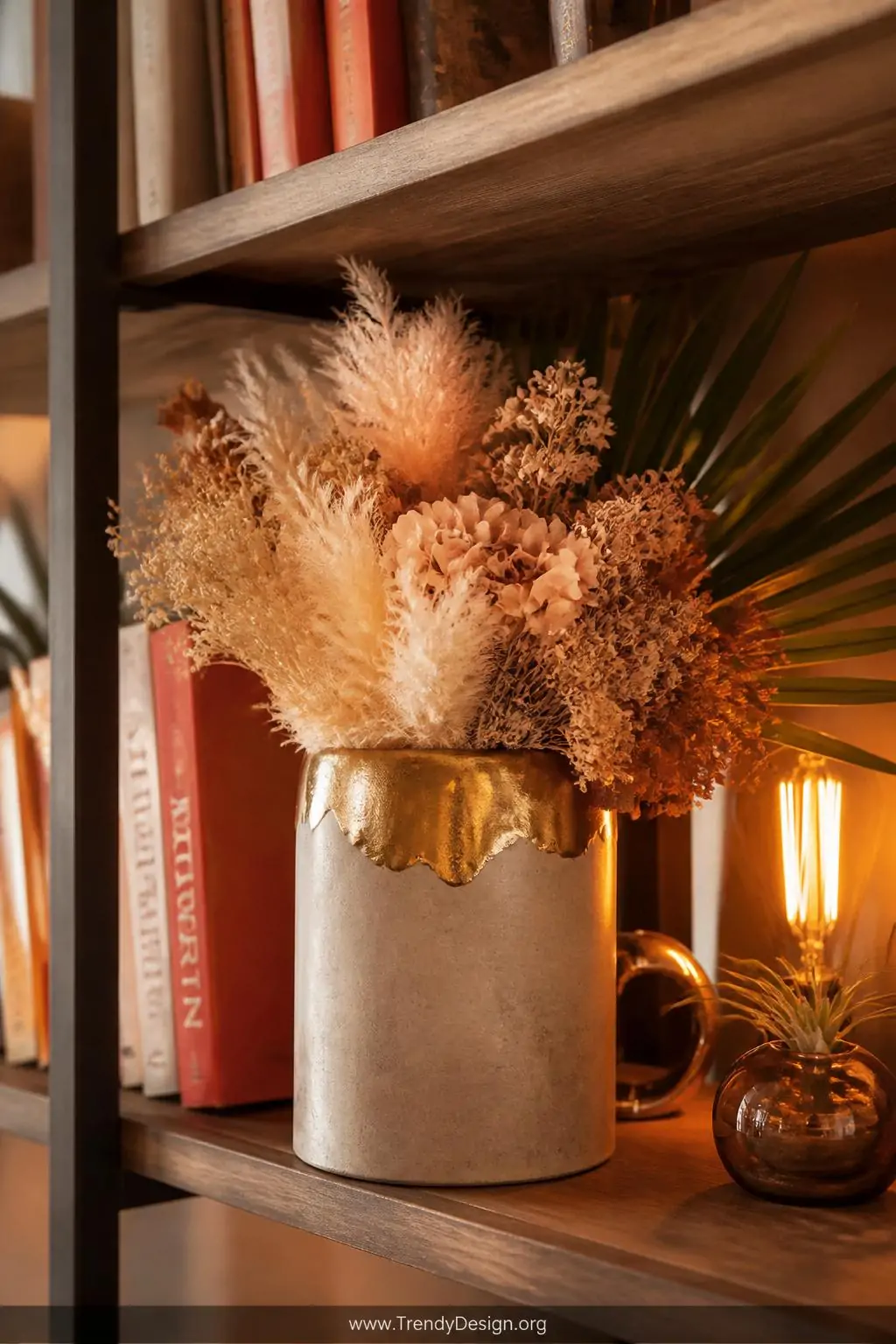 Gold-dipped rim concrete vase holding blush dried florals on a styled bookshelf in a warm bohemian apartment, amber and terracotta tones, soft Edison bulb glow illuminating the metallic accent, rich layered textures surrounding it, closeup shot, photorealistic interior design, no people.