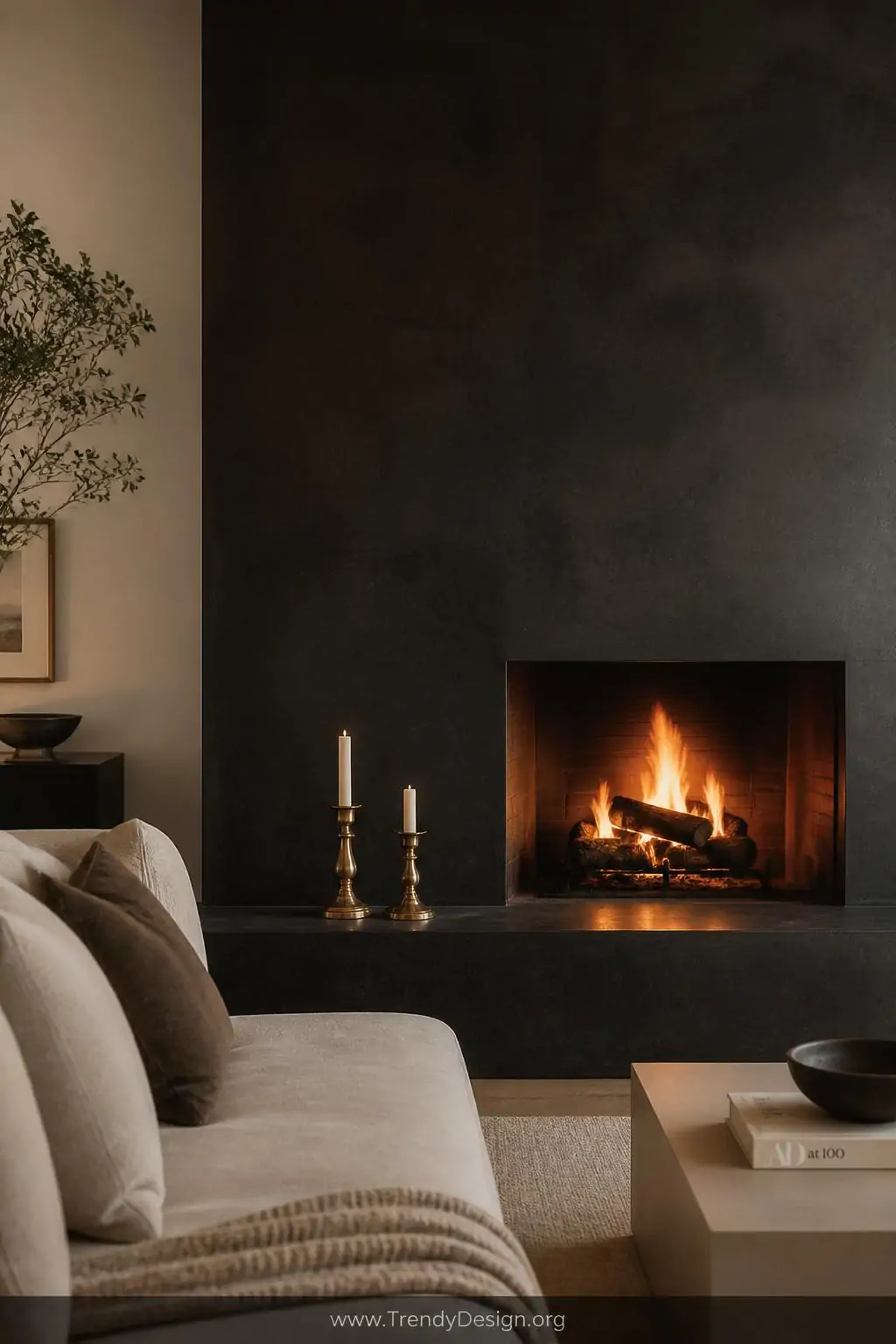 Black oxide concrete fireplace with deep charcoal surface in a living room with cream walls and soft ivory textiles, moody sophisticated style, brass candlestick accessories on the hearth, dramatic fire glow illuminating the rich natural texture variation, medium shot.