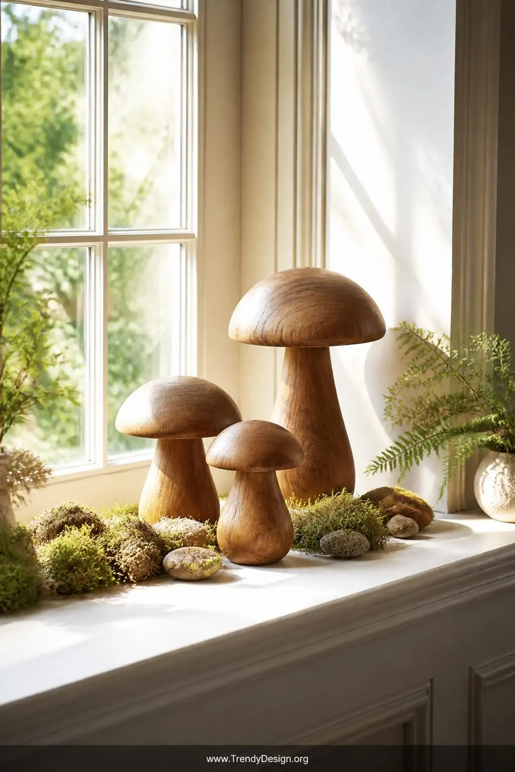 Cluster of three carved wooden mushrooms in graduating sizes with smooth dome caps and natural wood grain finish arranged on a sunlit windowsill with soft moss and pebbles, bright diffused natural light, whimsical cottagecore style, wide shot