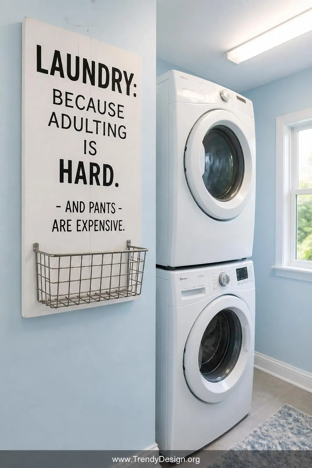 Clean white-painted wooden board with bold black humorous laundry quote above a chrome wire basket mounted directly to the board's lower edge, hanging above a bright white stackable washer and dryer in a pale blue laundry room, overhead fluorescent and natural light, medium shot.