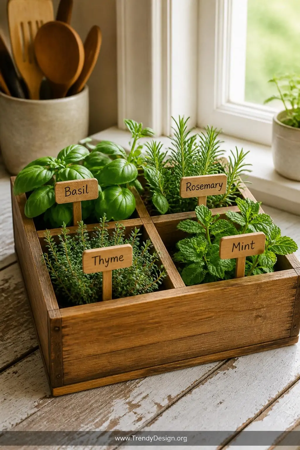Divided herb garden planter box with a neat interior grid of wooden compartments holding basil, rosemary, thyme, and mint on a weathered farmhouse kitchen countertop near a bright window, small hand-lettered wooden stake labels in each section, closeup shot capturing the rich green herb textures against the warm honey-toned wood dividers, soft warm indoor window light, photorealistic interior design.