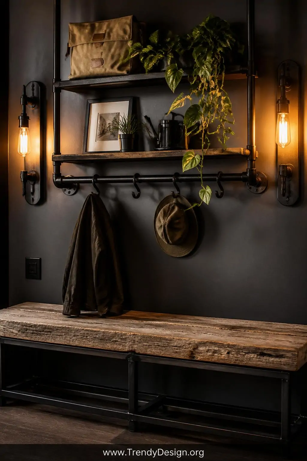Black iron pipe shelving unit above a weathered reclaimed wood plank bench with a matte metal frame in a dramatic urban entryway, industrial loft style — Edison bulb wall sconces flanking the shelving casting amber gallery light across raw wood grain and aged black iron, a canvas hat and trailing pothos on the upper shelf, closeup shot.