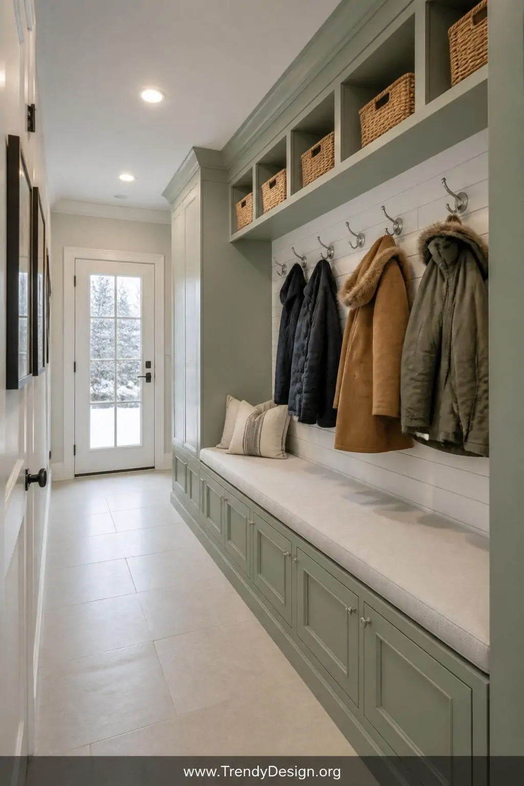Shaker-style built-in mudroom unit painted soft sage green filling a narrow hallway entryway, raised-panel cubby doors below a smooth bench with a linen cushion, white shaker-style overhead coat rack with simple chrome hooks holding structured winter coats, white subway tile backsplash, recessed ceiling lighting, wide architectural shot.
