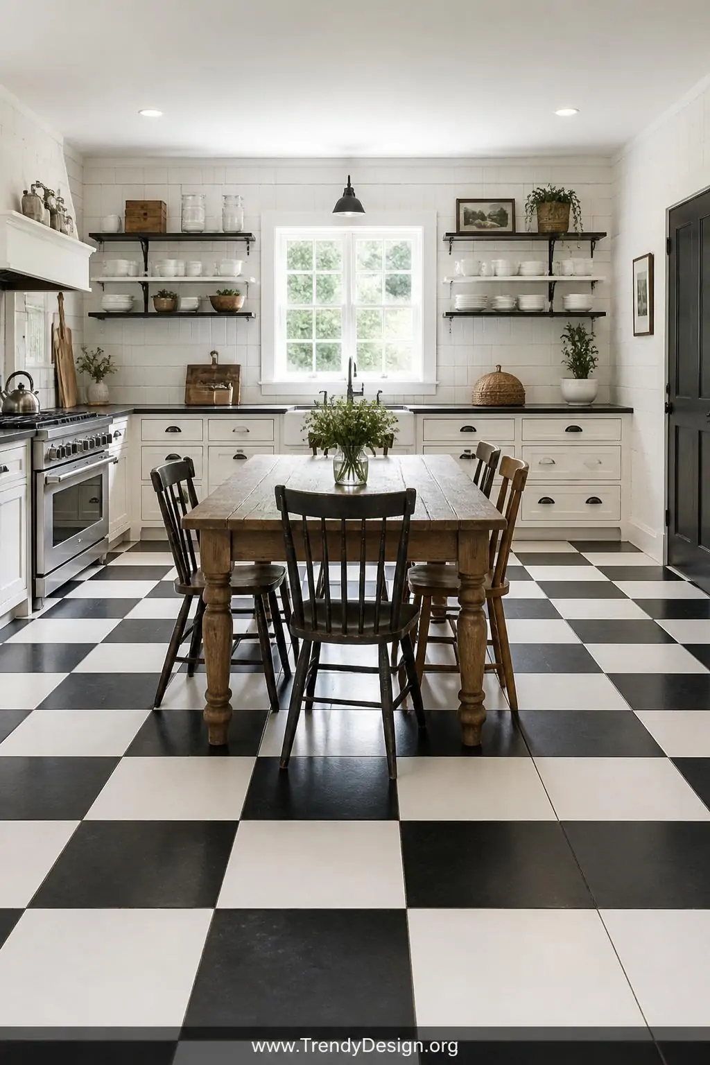 Wide-angle photorealistic shot of a farmhouse kitchen with a bold painted black-and-white checkerboard floor, perfectly cente