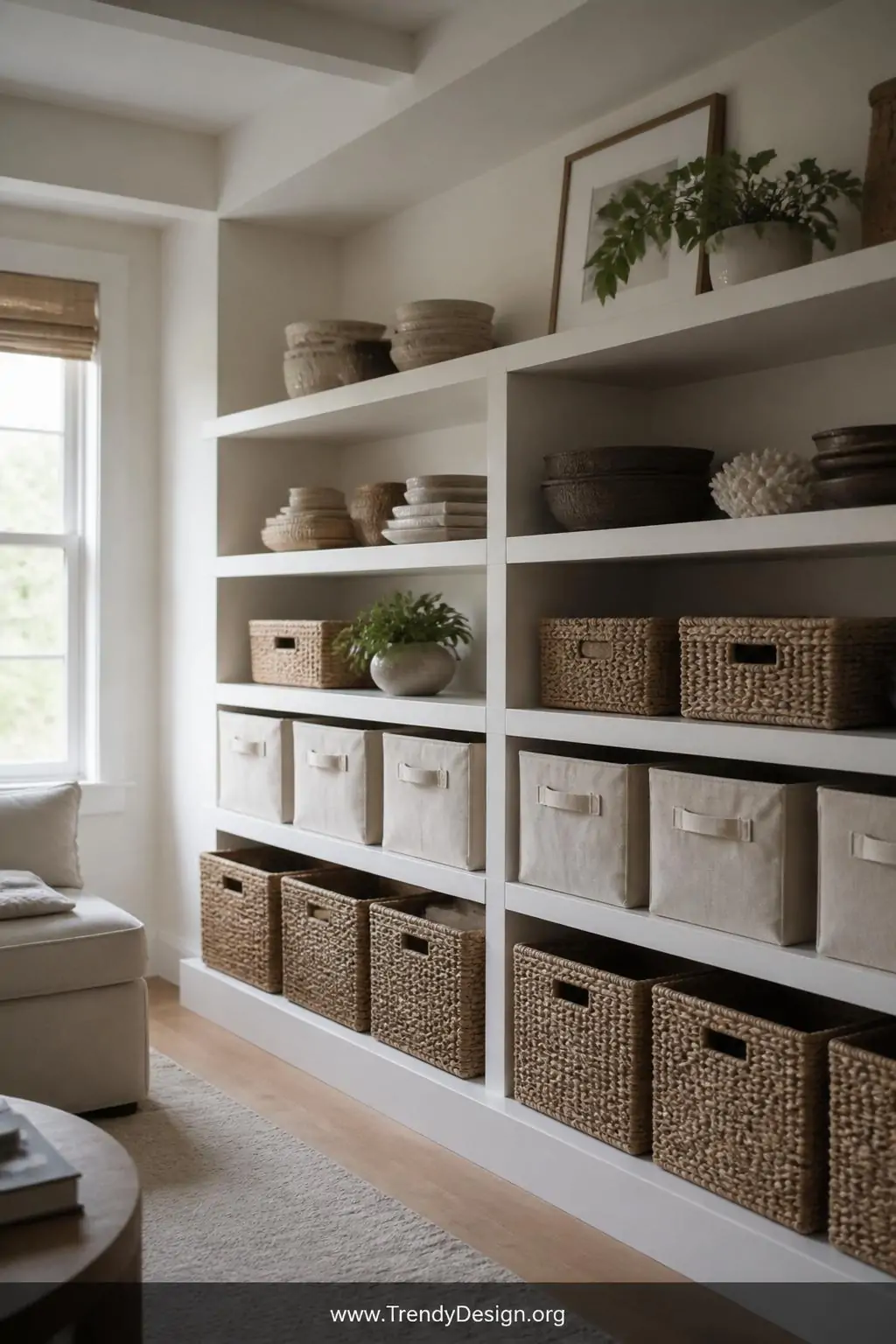 A medium photorealistic interior shot of a living room wall with white floating shelves combining open display areas on top —