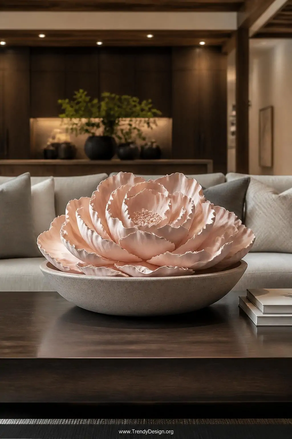 Large sculptural clay peony centerpiece in soft blush pink with layered ruffled petals resting inside a wide ceramic bowl on a dark wood coffee table, dramatic warm overhead light emphasizing depth and dimension, wide shot.