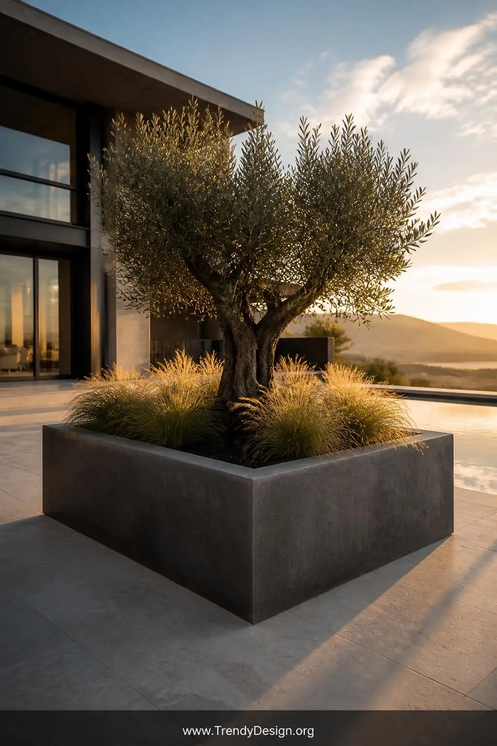 Large freestanding reinforced concrete raised planter on a modern pool deck, grand architectural style, broad rectangular form in cool charcoal gray with a slightly textured brushed finish, a dramatic dwarf olive tree with silvery foliage anchored in rich dark soil at the center, flanked by cascading feather reed grass, golden hour side lighting casting long shadows across the deck, wide shot
