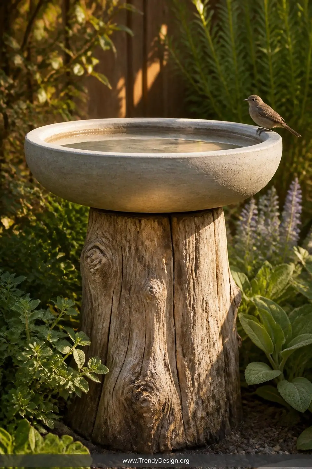 DIY flower pot mold concrete bird bath with clean simple rounded basin set atop a weathered decorative garden stump, backyard garden setting, approachable handmade style, smooth natural gray concrete with slightly uneven handcrafted edges, warm golden late afternoon sunlight casting soft shadows, a small bird perched on the rim, closeup medium shot.