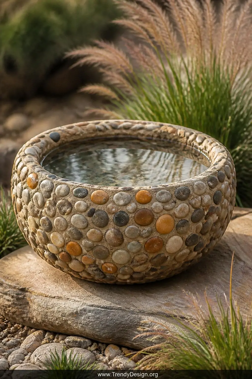 Concrete bird bath basin with smooth river pebbles and warm earth-toned stones pressed flush into the entire surface, creating a richly tactile natural mosaic in sandy beige, slate gray, and rust tones, sitting on a flat stone base surrounded by ornamental grasses, soft morning light, closeup shot.
