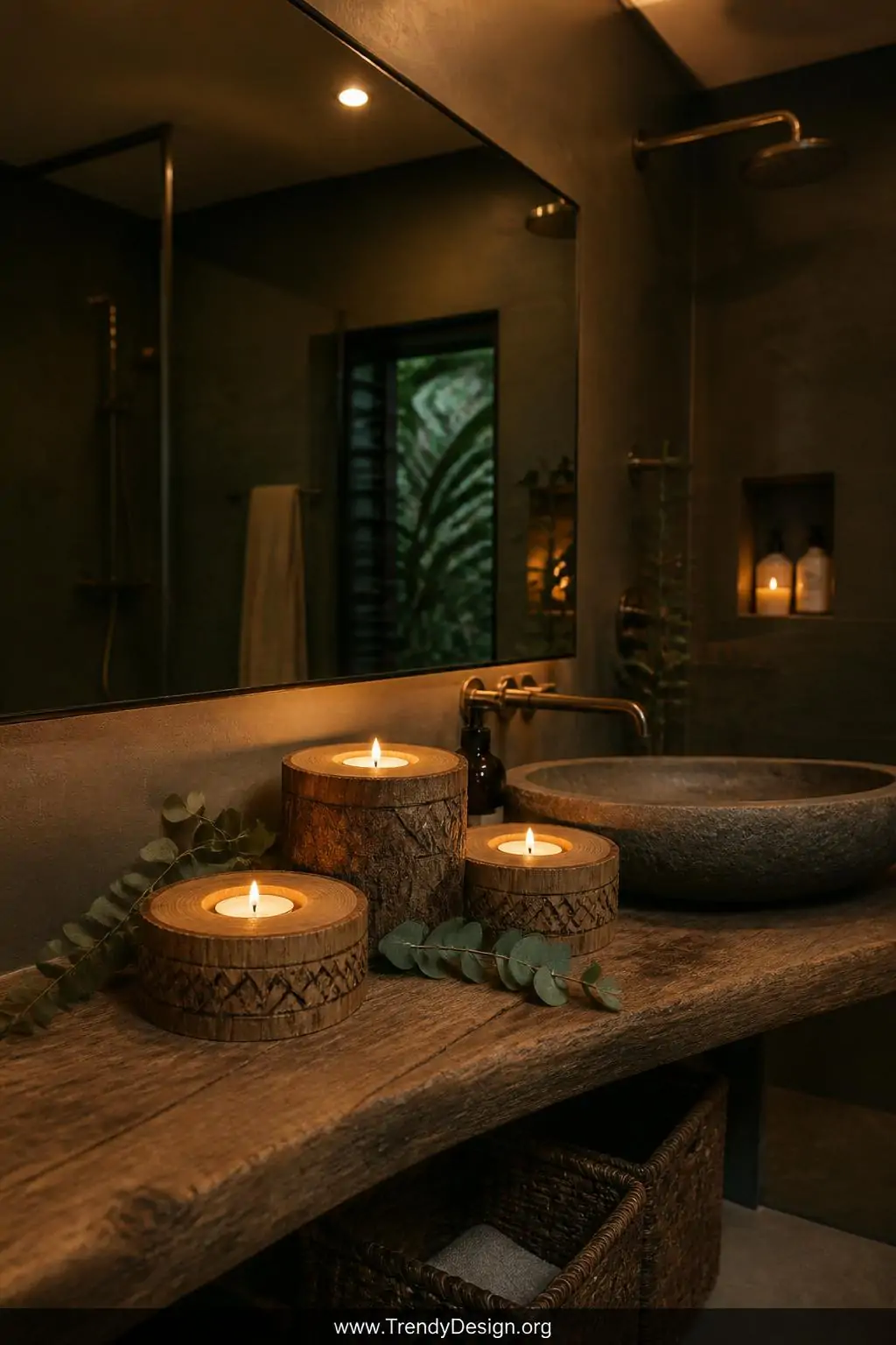 Wide shot of a moody bathroom spa retreat featuring three grouped wood slice candle holders of varying heights along a reclai