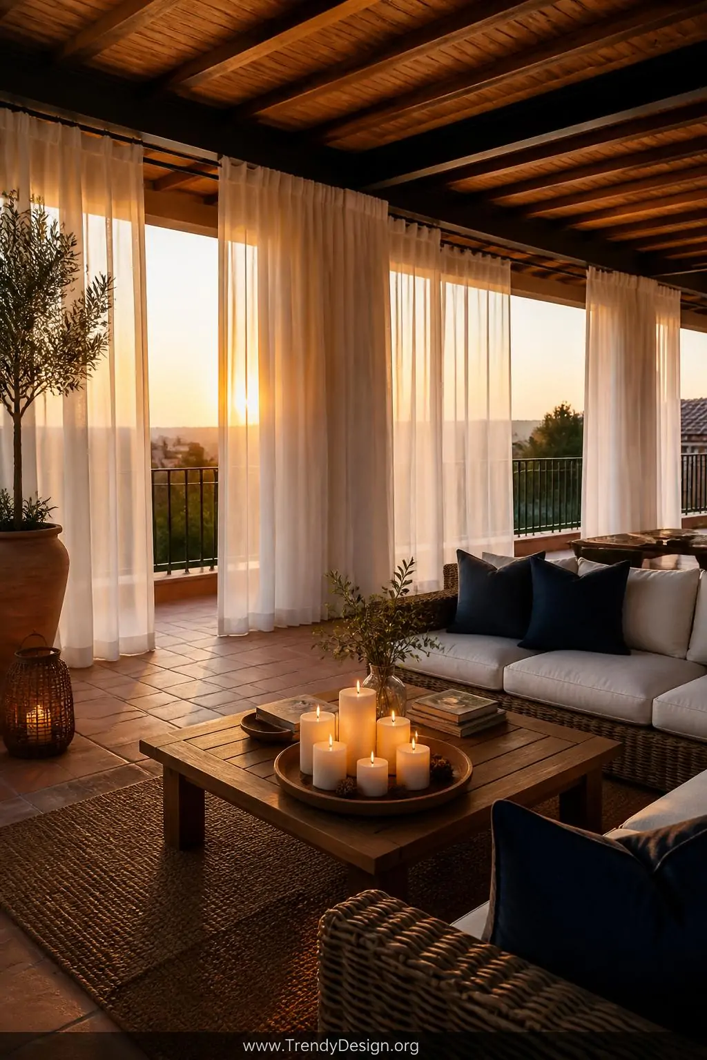 A romantic wide shot of a spacious outdoor terrace where floor-length Sunbrella fabric curtain panels in crisp warm white bil