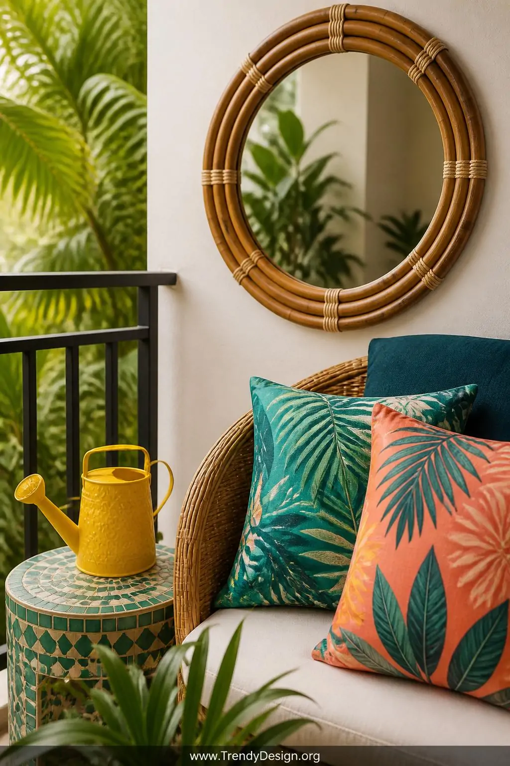 Close-up shot of a styled balcony corner featuring outdoor throw pillows in tropical leaf prints of deep teal and coral on a 