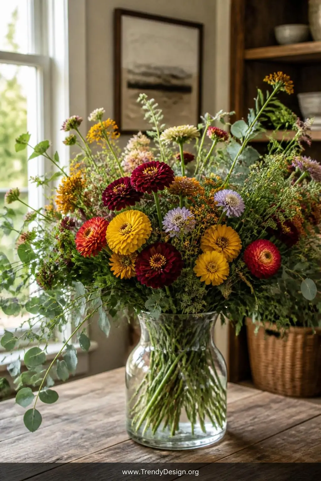 Close-up photorealistic shot of a rustic wooden farmhouse table surface holding a generous freshly cut wildflower bouquet in 