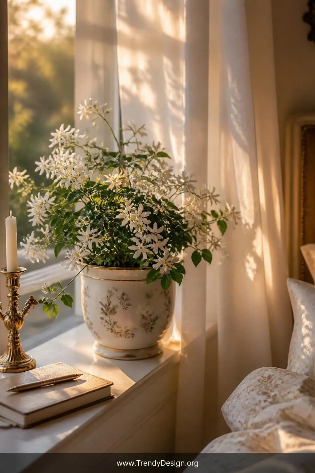 A close-up shot of a jasmine plant in a delicate hand-painted ceramic pot on a bedroom windowsill, clusters of tiny white sta