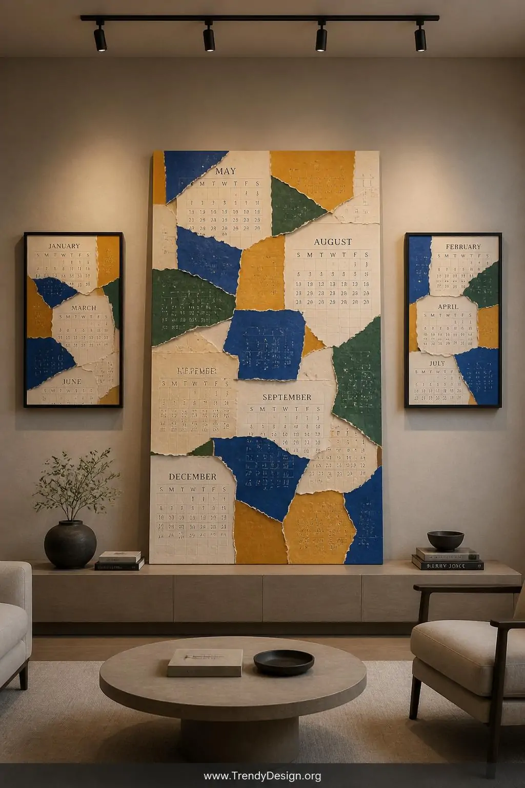 A large white canvas leaning against a gallery wall in a minimalist living room is covered in an abstract collage of torn cal