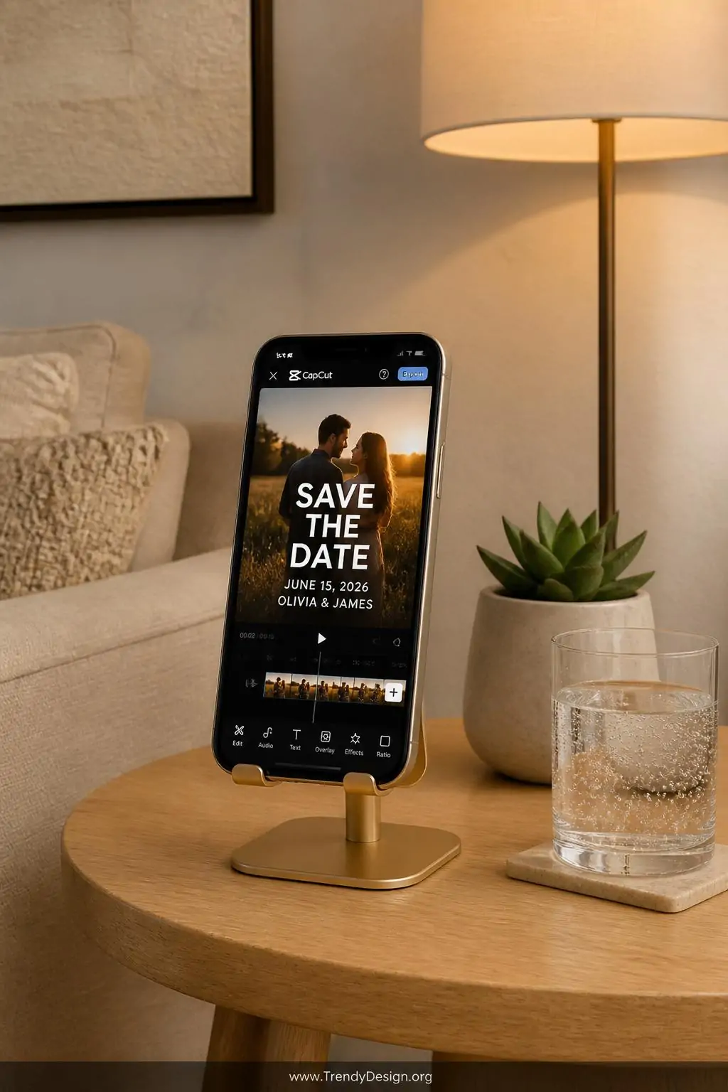 Medium shot of a cozy modern living room vignette showing a smartphone propped on a small brushed gold phone stand on a light
