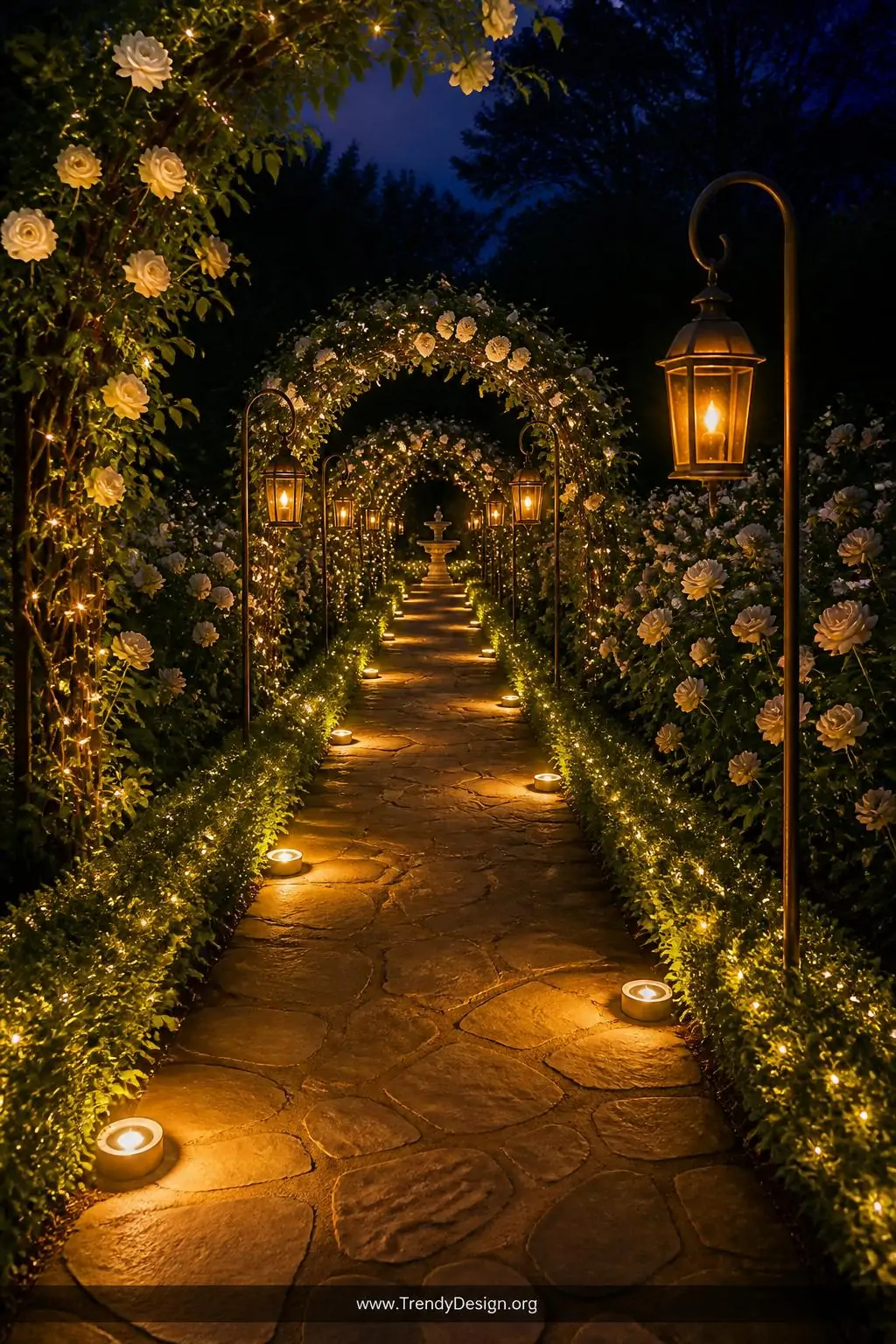 Wide photorealistic exterior night shot of a magical illuminated garden path, warm amber and gold solar lanterns spaced evenl