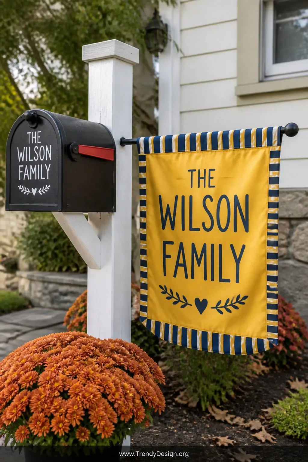 A cheerful custom fabric garden flag inserted beside a farmhouse-style mailbox displaying a family name in bold hand-drawn le