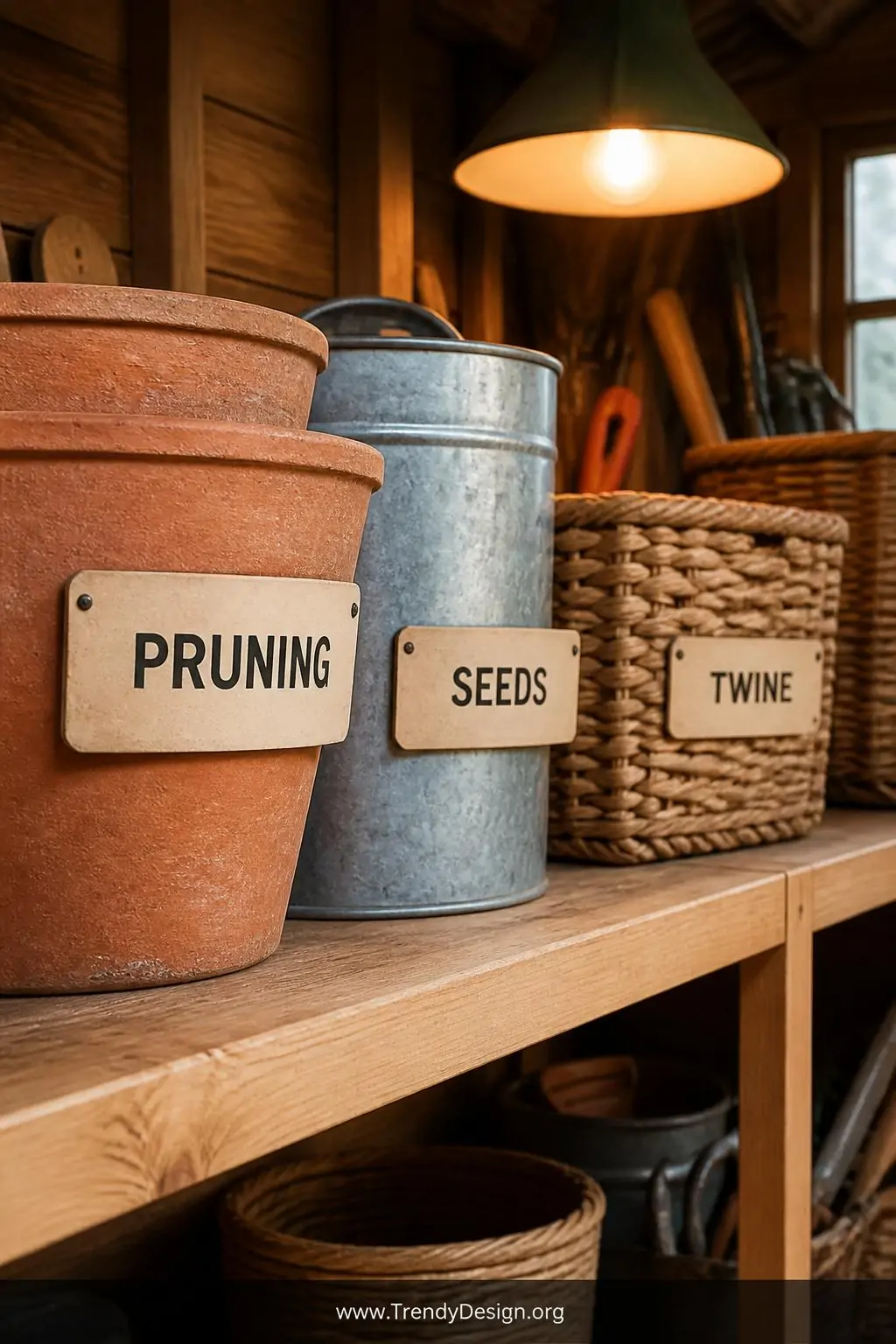 A close-up photorealistic shot of a wooden shed shelf edge bearing a row of sand-colored laminated weatherproof label tags af