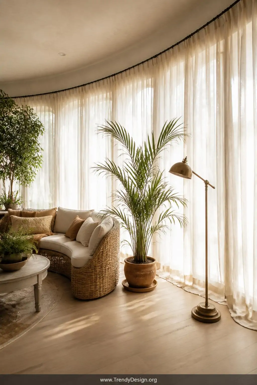 Wide dramatic shot of a sunroom featuring a full wall of windows spanned by a single continuous curtain rod hung with multipl