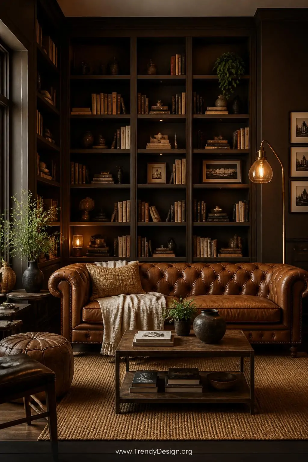 Wide shot of a deeply cozy living room library with espresso chocolate brown walls wrapping the space in warm shadow, floor-t