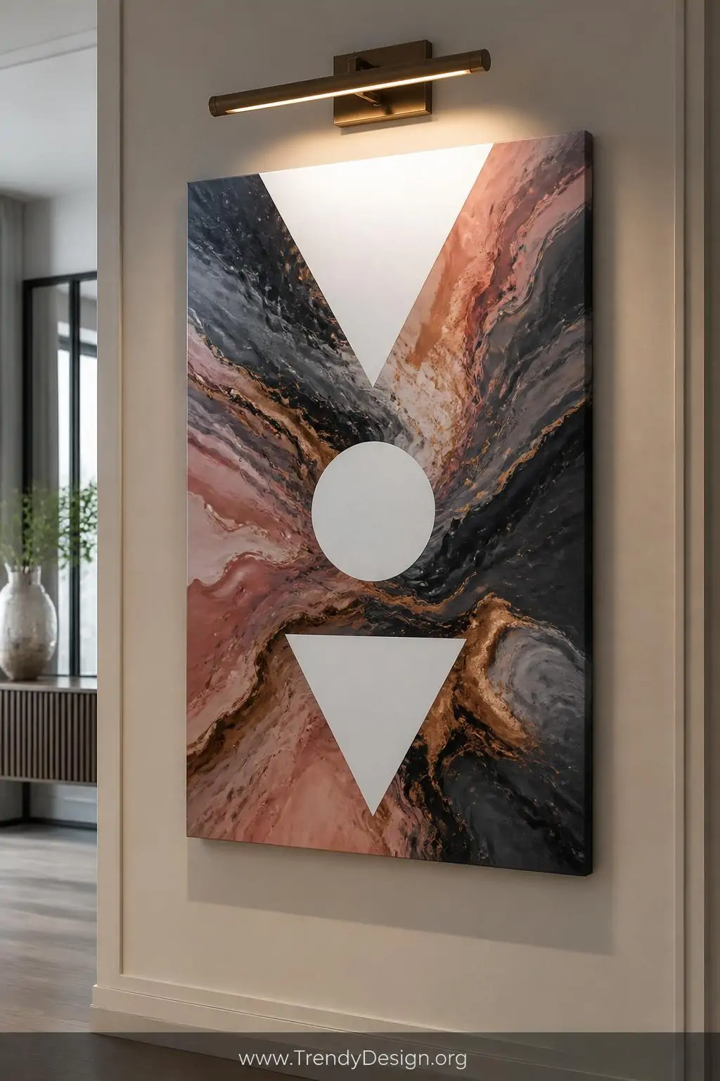 Close-up shot of a modern hallway wall displaying a negative space acrylic pour painting where crisp white geometric triangle