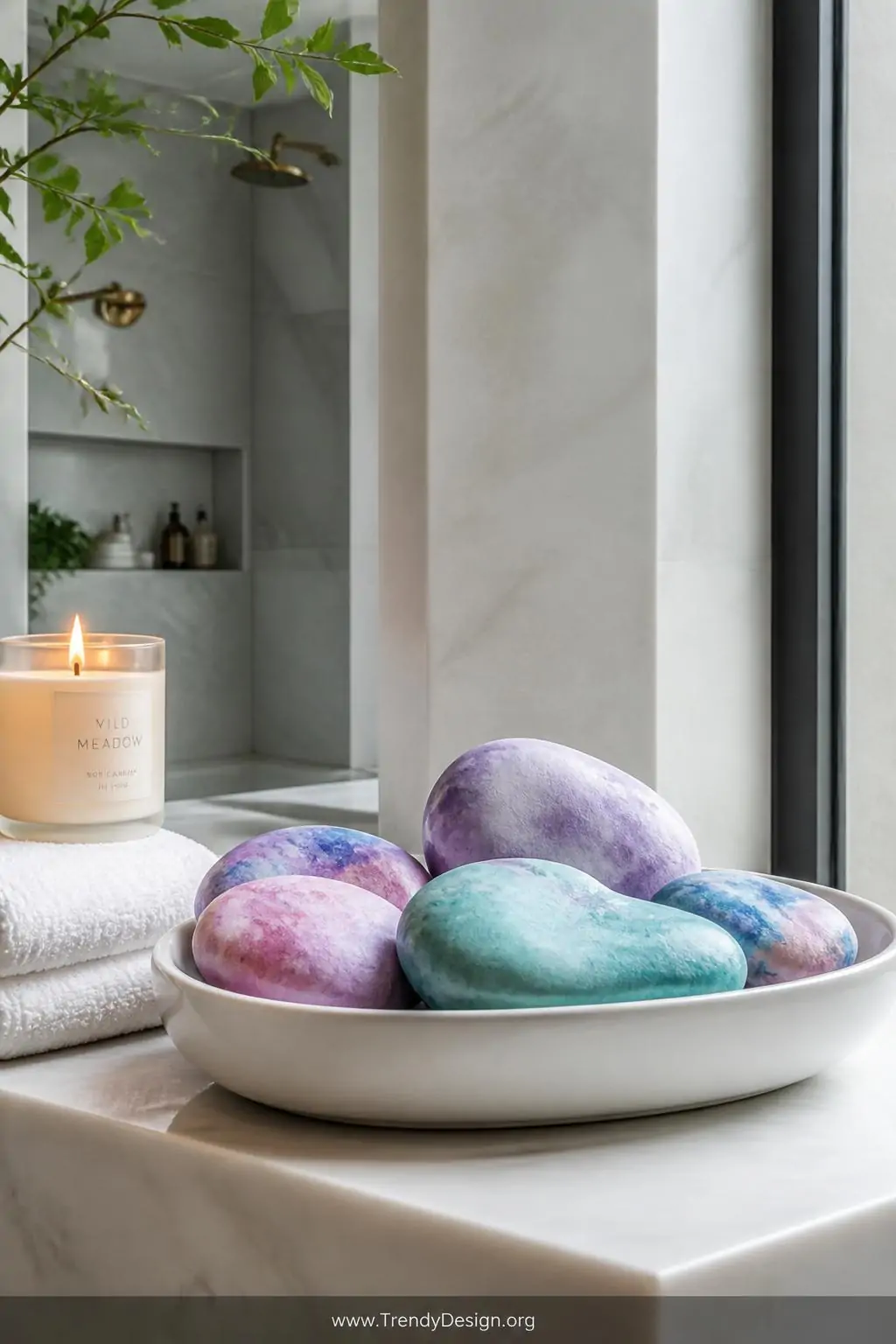 A wide shot of a spa-like bathroom corner featuring a shallow white ceramic dish holding a coordinated set of ombre watercolo