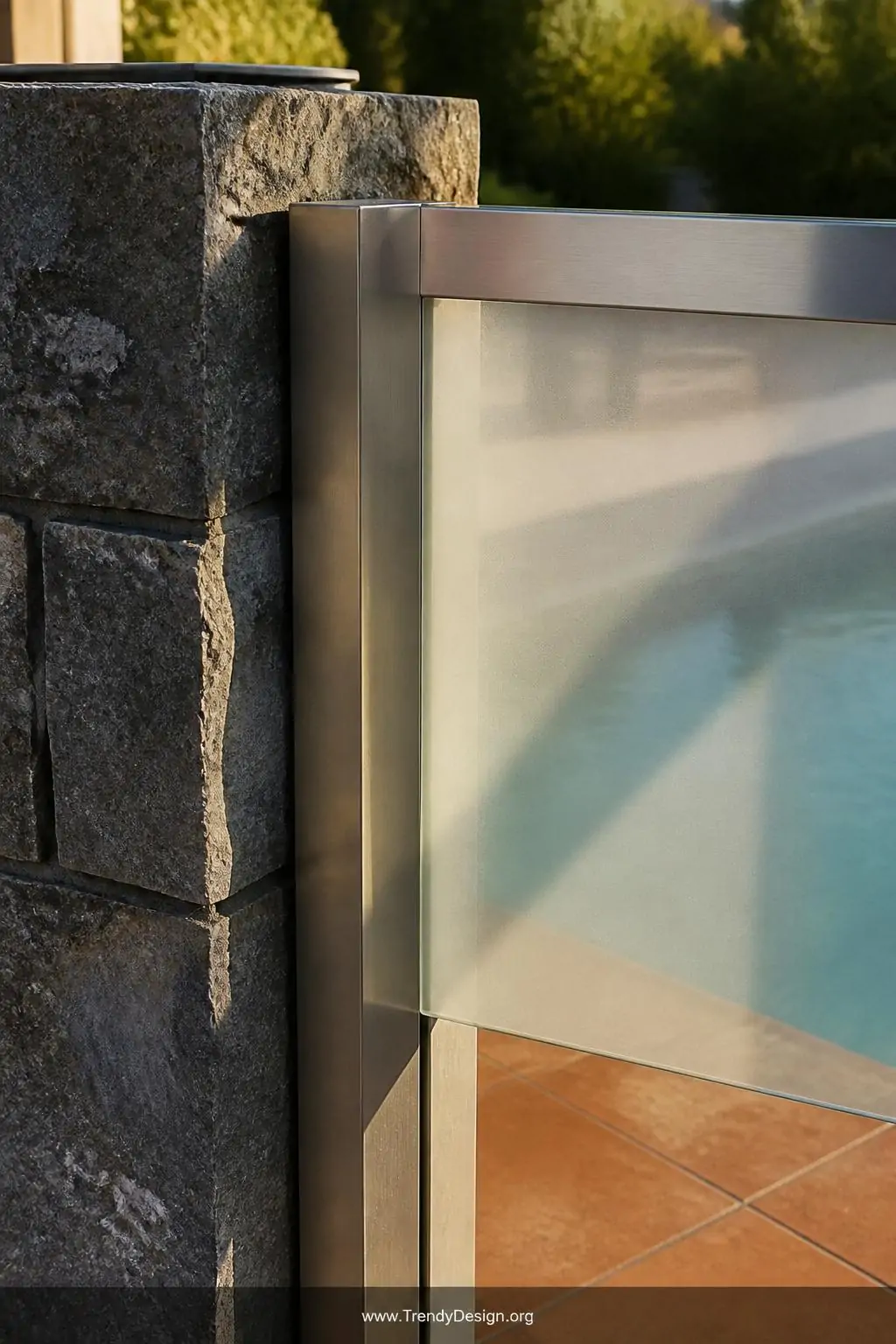 Closeup photorealistic detail shot of a custom mixed material pool fence junction where a rough-hewn natural stone pillar mee