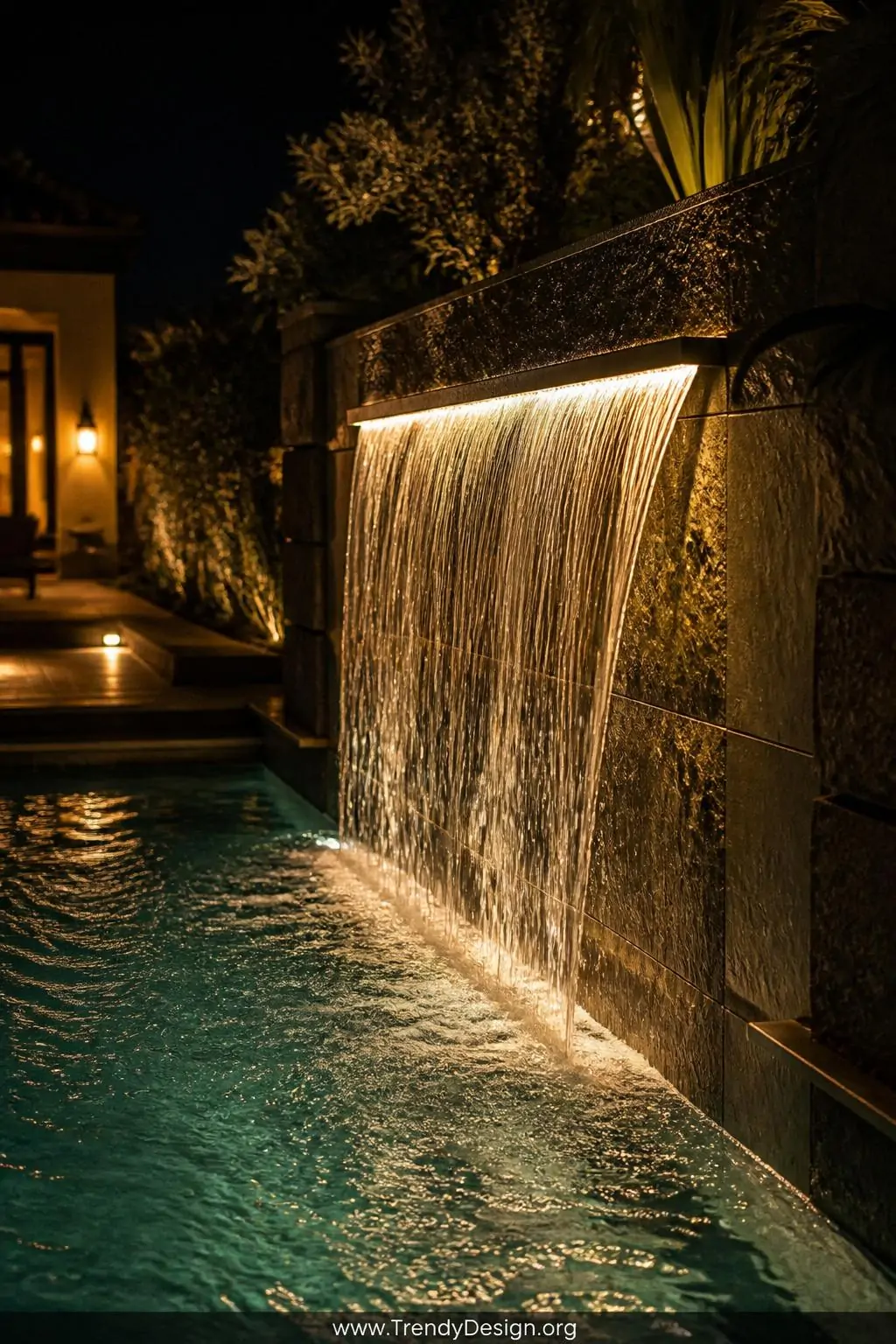 Medium photorealistic shot of a luxury pool waterfall feature at night with LED lights mounted directly behind a smooth sheet