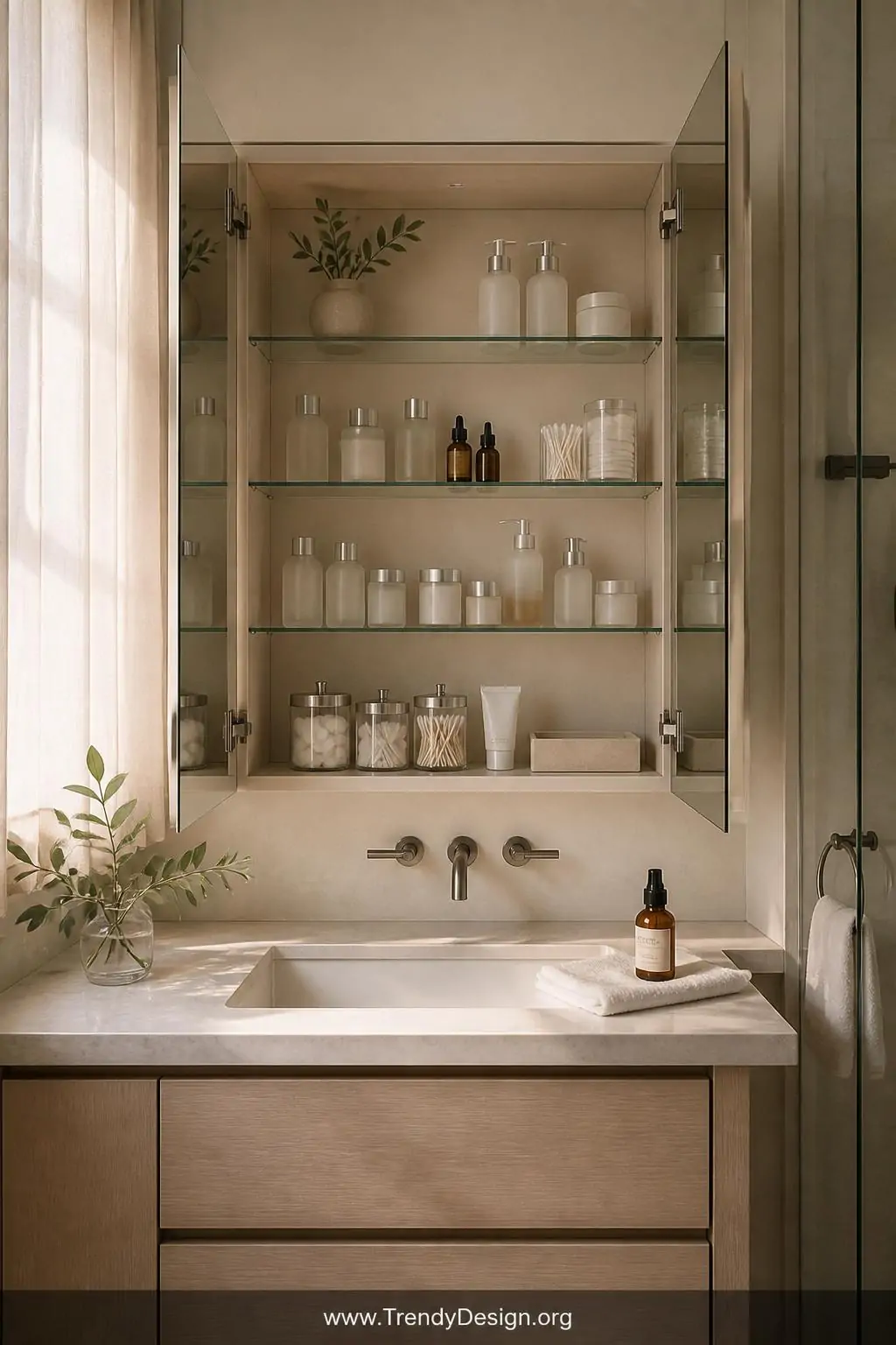 A wide shot of a beautifully maintained open medicine cabinet in a serene spa-like bathroom, shelves perfectly organized with