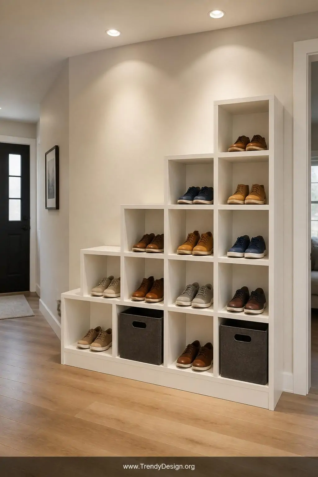 A staircase-pattern arrangement of twelve white modular storage cubes fills a hallway entryway corner, each open cube holding