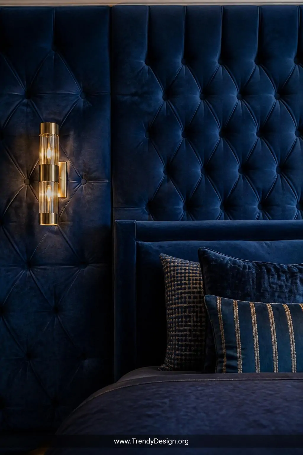 Closeup photorealistic interior design shot of a sumptuously upholstered bedroom accent wall covered in floor-to-ceiling deep