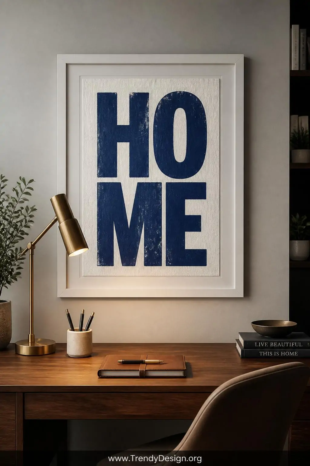 A medium shot of a sophisticated home office wall featuring a single oversized linocut typography print of the word 