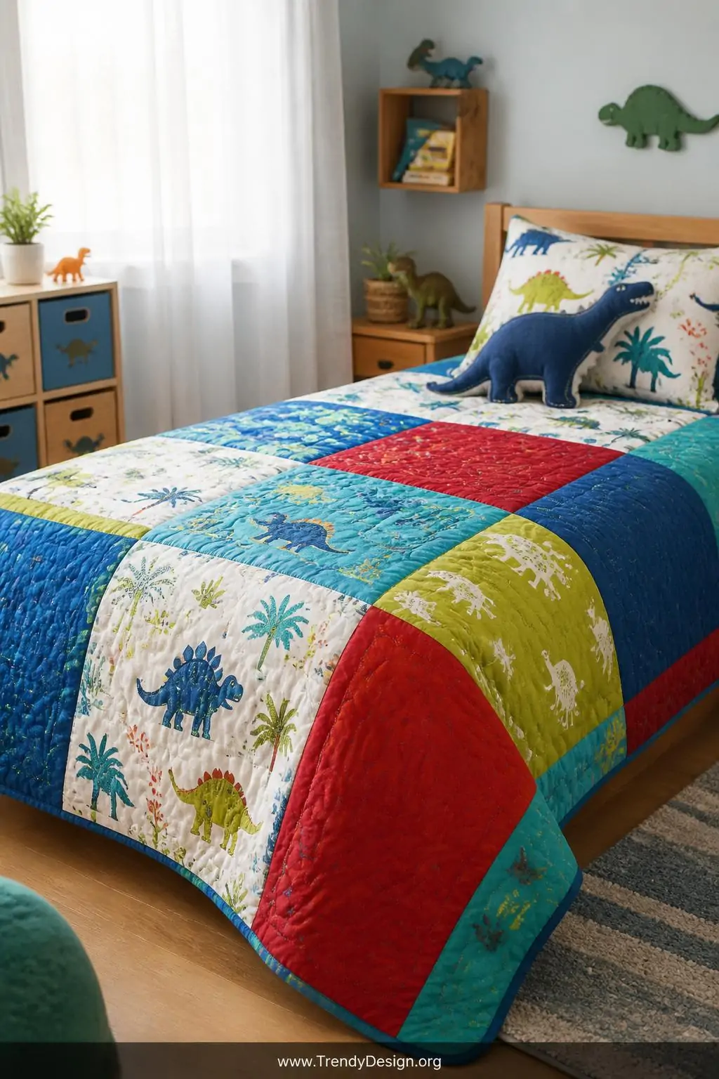 A medium shot of a colorful patchwork novelty quilt spread across a low toddler bed in a playful boys room, bright dinosaur p