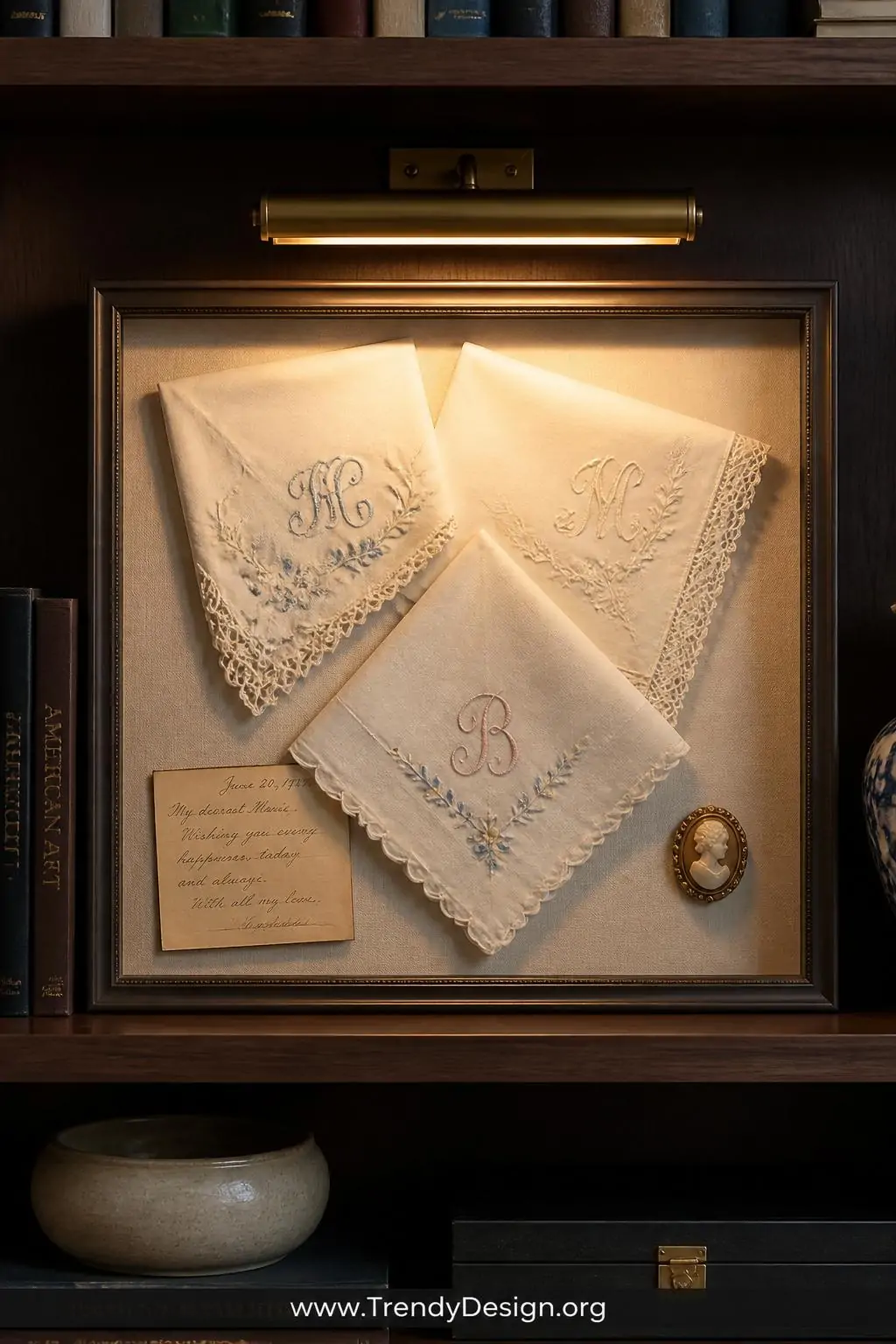 Closeup shot of a framed memory collage displayed on a dark walnut shelf, featuring three antique handkerchiefs with delicate