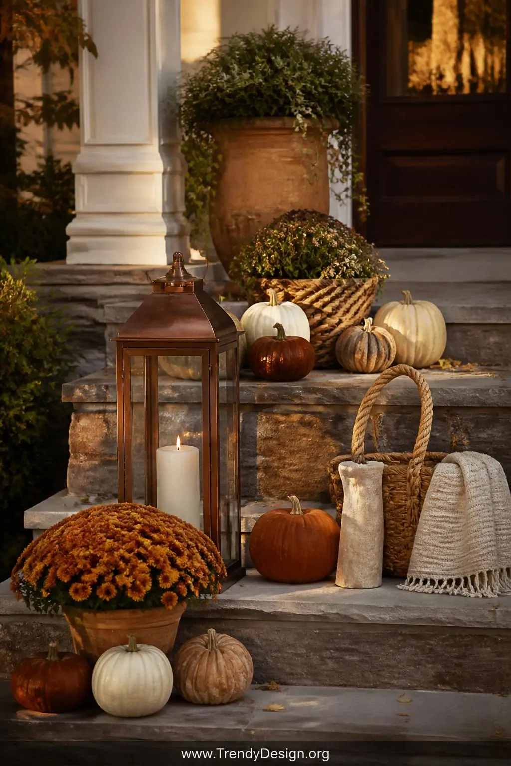 Medium shot of a styled fall front porch vignette on wide stone steps featuring a tall copper lantern, a terracotta pot of bu