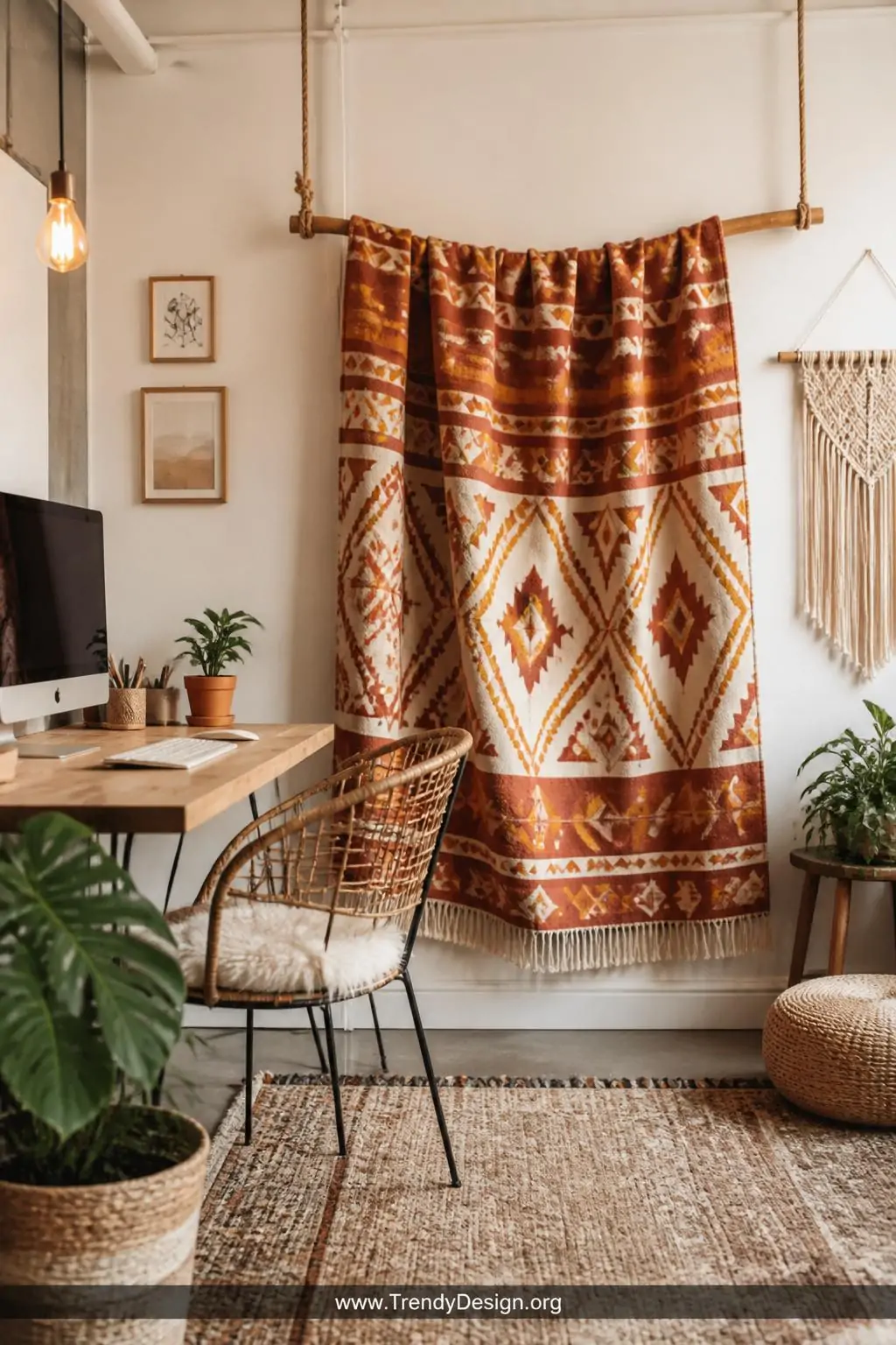 A wide-shot photorealistic bohemian home office or studio apartment interior featuring a large boldly patterned geometric fle