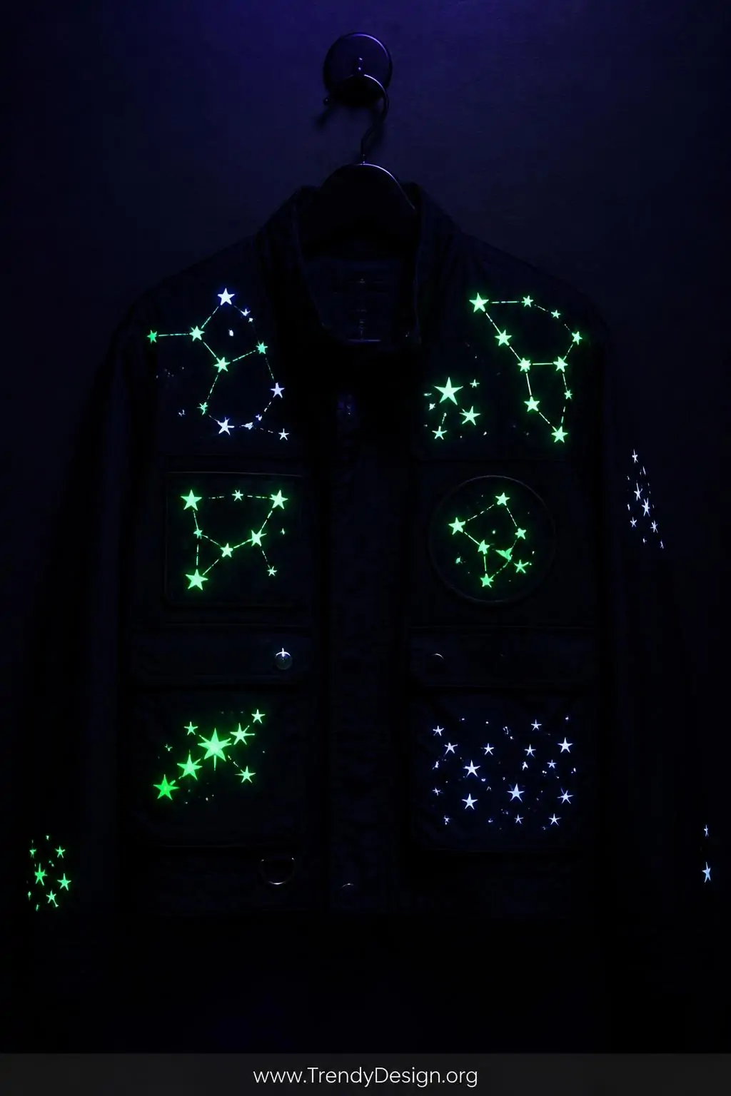 A wide shot of a matte black festival jacket hanging on a minimalist black metal hook against a deep charcoal wall, photograp