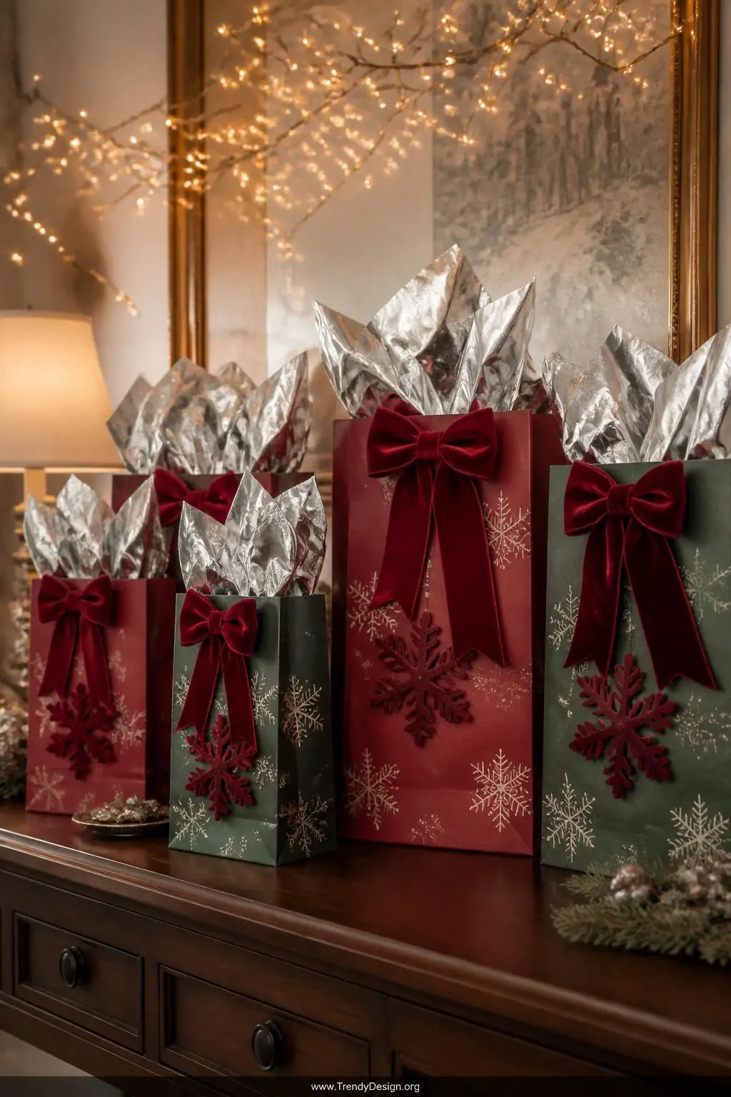 A wide-shot of a styled holiday vignette featuring paper bags in rich deep red and forest green, covered in hand-stamped snow