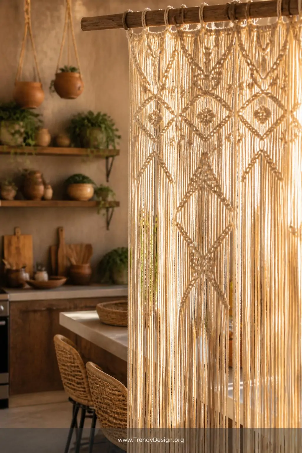 Intricate natural macramé curtain panel hanging from a raw wooden dowel rod in a boho kitchen filled with rattan accents, hanging clay pots, and trailing potted plants on open shelves, closeup shot capturing the hand-knotted texture glowing in warm late afternoon light, photorealistic interior design.