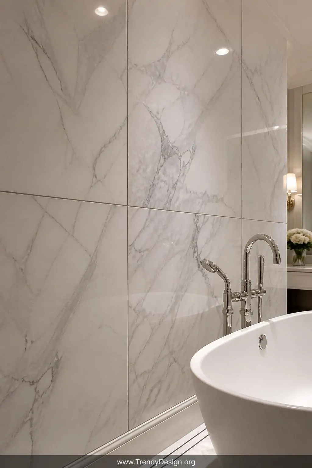 Closeup shot of floor-to-ceiling marble tile wainscoting in a spa-like primary bathroom, large-format white Carrara marble sl
