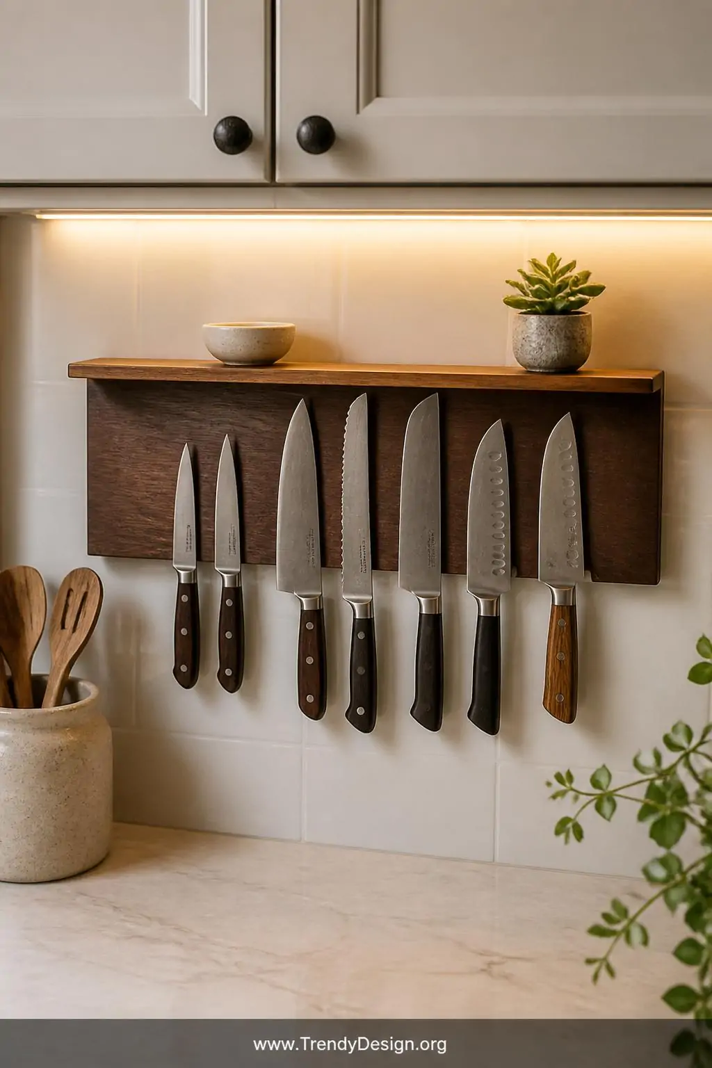 Magnetic knife strip with a built-in wooden shelf mounted between counter and upper cabinets on a cream backsplash, small ceramic salt pinch bowl and a tiny potted succulent styled on the upper ledge beside neatly hung knives, warm under-cabinet lighting illuminating the functional kitchen vignette, medium closeup shot showcasing the combination organizer and display shelf in a charming styled arrangement, photorealistic interior design.